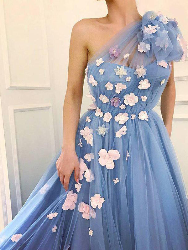 Flower One-shoulder Tulle A-line Evening Dresses Prom Dress PD543
