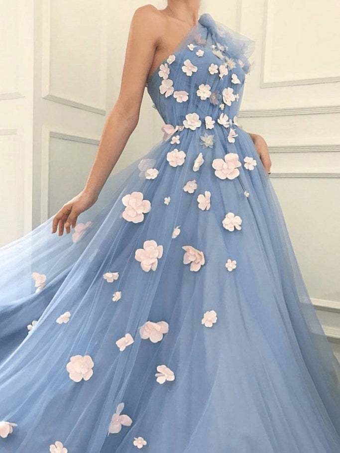 Flower One-shoulder Tulle A-line Evening Dresses Prom Dress PD543