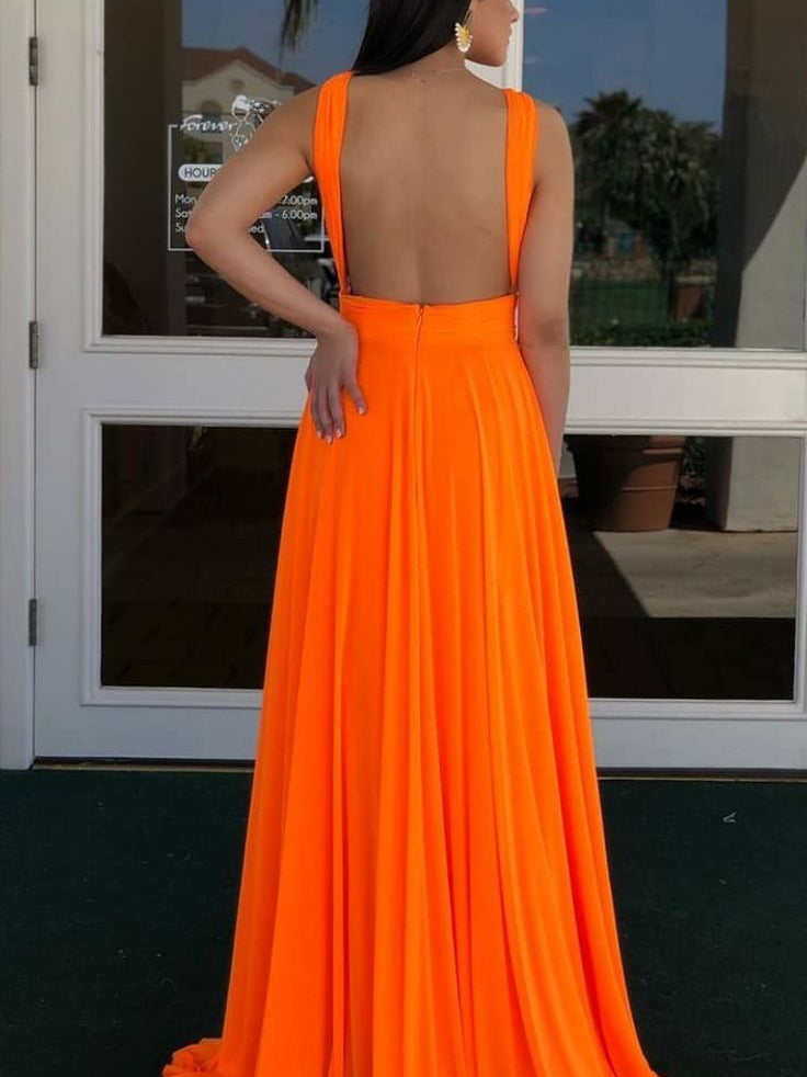 Simple Long Chiffon Halter Backless A-line Prom Dresses PD547
