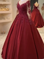 Elegant A-line Floor-Length Satin Appliqued Beaded Longsleeves Prom Dresses PD548
