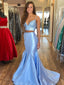 Fashion Satin Straps Mermaid Prom Dresses 2 Pieces Gowns With Slit PD563