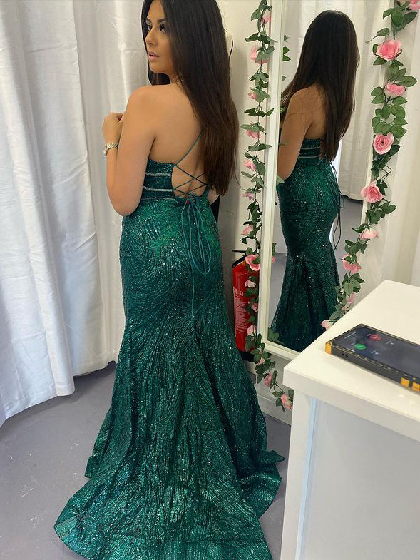 Sexy Sequin Lace V-neckline Spaghetti Straps Sheath Prom Dress PD572