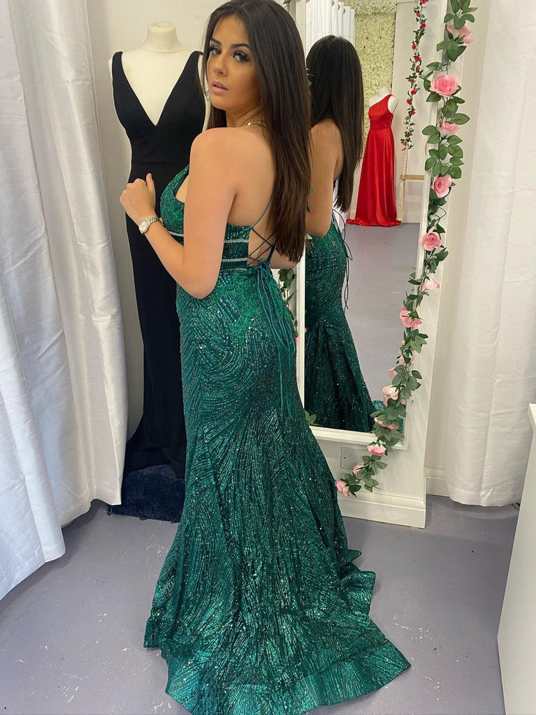 Sexy Sequin Lace V-neckline Spaghetti Straps Sheath Prom Dress PD572