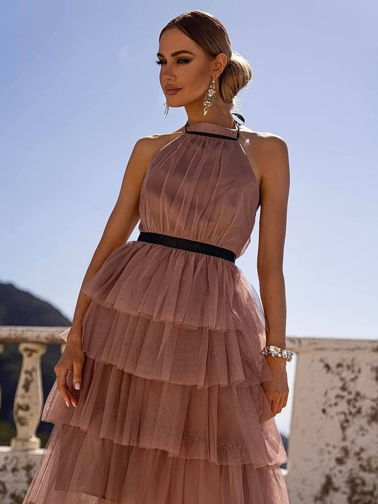 Elegant Halter Neckline Knee-length A-line Prom Dresses Tiered Dress PD588