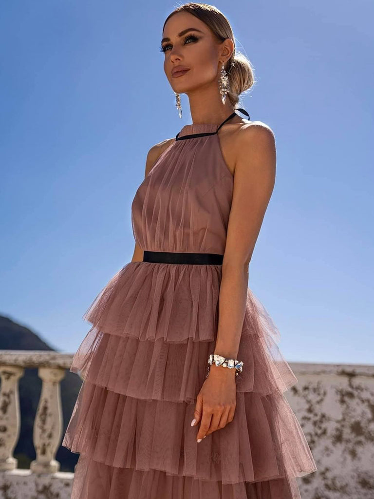 Elegant Halter Neckline Knee-length A-line Prom Dresses Tiered Dress PD588