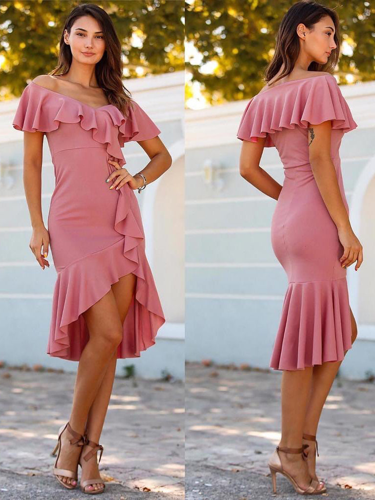 Eye-catching Satin Off-the-shoulder Knee-length Evening Dresses PD591