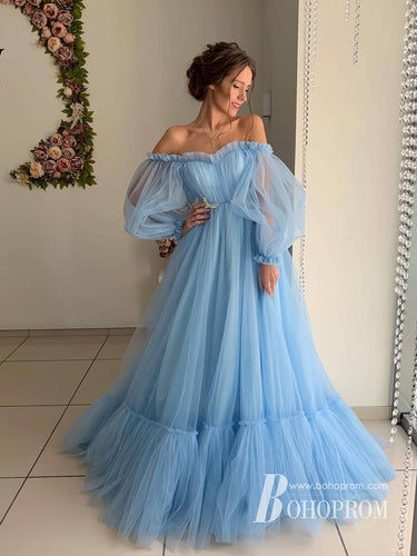 Amazing Off-the-shoulder Long Sleeves Beaded Appliqued Slit Tulle Prom Dresses PD594