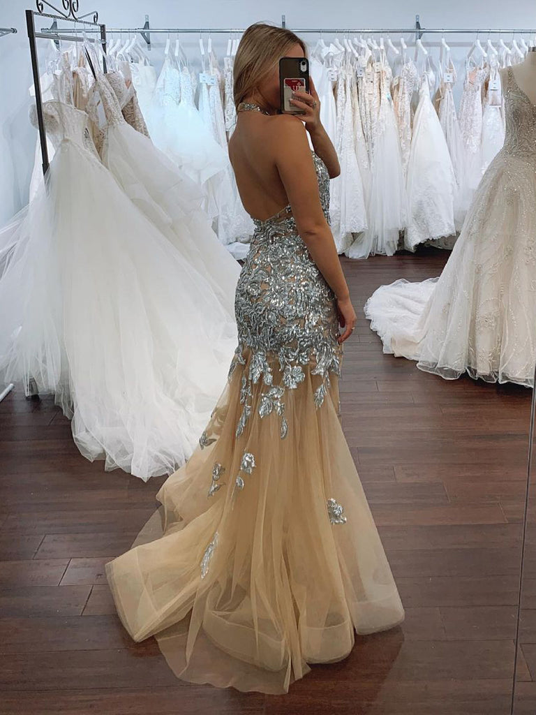 Shining Halter Mermaid Prom Dresses With Appliques PD602