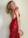 Shining Sequin Lace Spaghetti Straps V-neckline Sheath Prom Dresses PD603