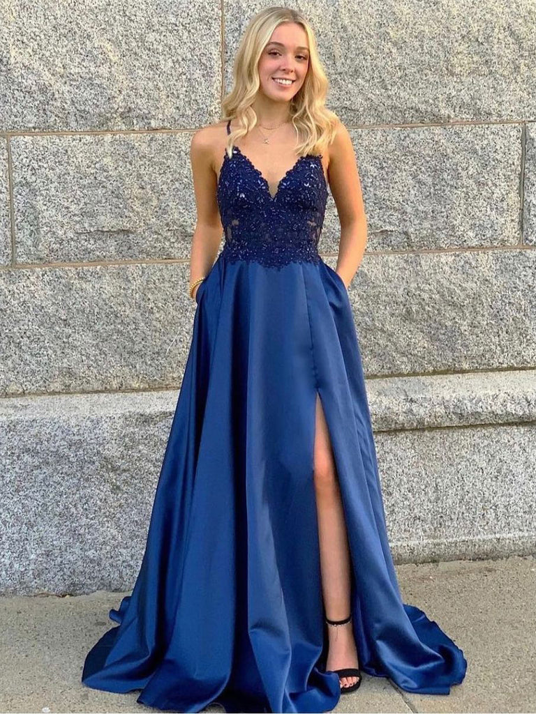 Amazing V-neck Spaghetti Straps Prom Dresses Satin A-line Formal Gowns PD607