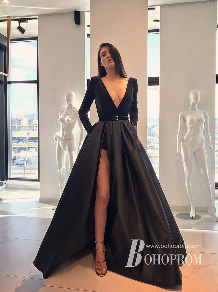 Marvelous Satin Long Sleeves Prom Dresses A-line With Slit PD612