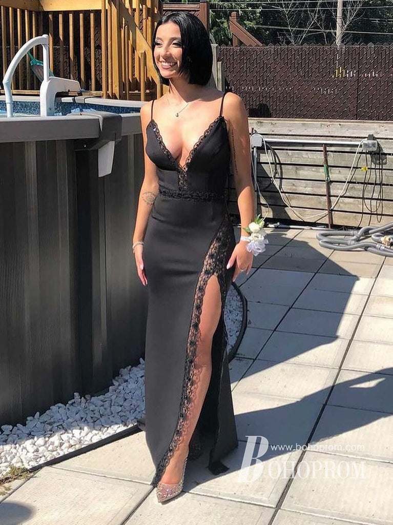 Sexy Lace Spaghetti Straps V-neckline Sheath Prom Dresses PD614