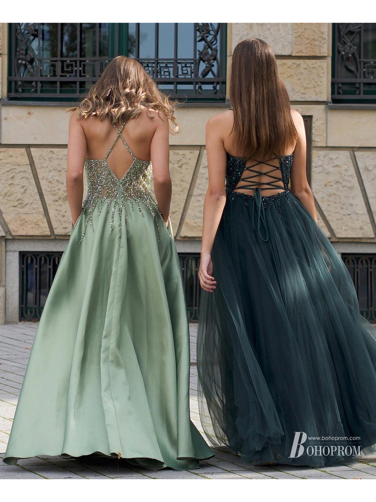 Eye-catching Satin V-neck Bead Prom Dresses Spaghetti Straps A-line Formal Gowns PD618