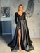 Sparking Sequin Lace Satin V-neckline Long Sleeves Prom Dresses A-line With Slit PD625