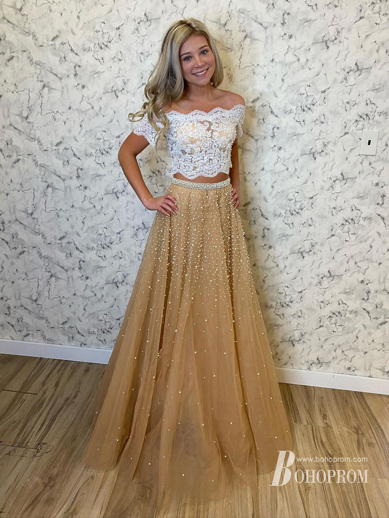 Stunning Tulle 2 Piece Off-the-shoulder Neckline A-line Prom Dresses With Beadings PD627