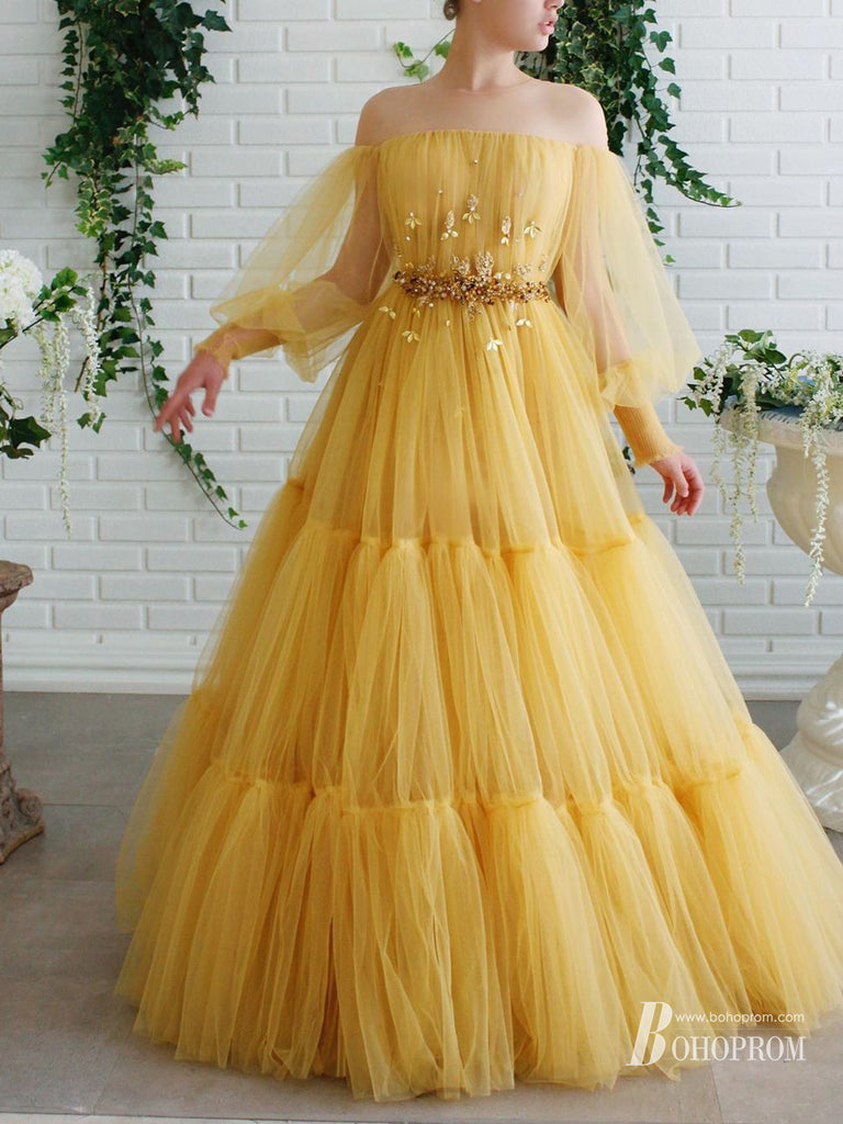 Illusion Jewel Long Sleeves Beaded Appliqued Tulle Sweep Train Prom Dresses PD633
