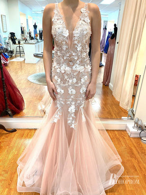 Amazing Mermaid V-neck Floor-Length Tulle Appliqued Prom Dresses PD634