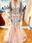 Amazing Mermaid V-neck Floor-Length Tulle Appliqued Prom Dresses PD634