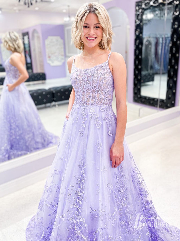 Charming Lace Appliques Spaghetti Straps A-line Prom Dresses PD636