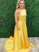 Simple Satin Halter A-line Sweep Train Backless Prom Dresses PD650