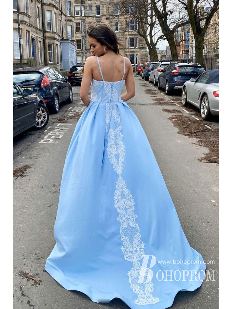 Charming Spaghetti Straps A-line Prom Dresses Satin Appliqued Gowns PD659