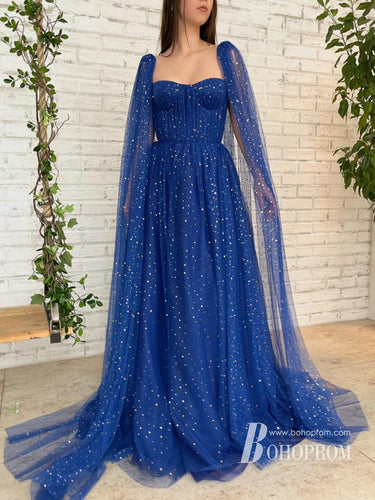 Dreamy Shiny Star Lace Sweetheart Long Sleeves Sweep Train Prom Dresses PD664