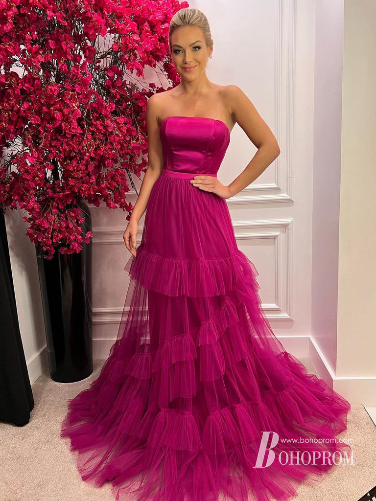 Stunning Unique Tulle Sweetheart Neckline  A-line Long Satin Prom Dresses PD670