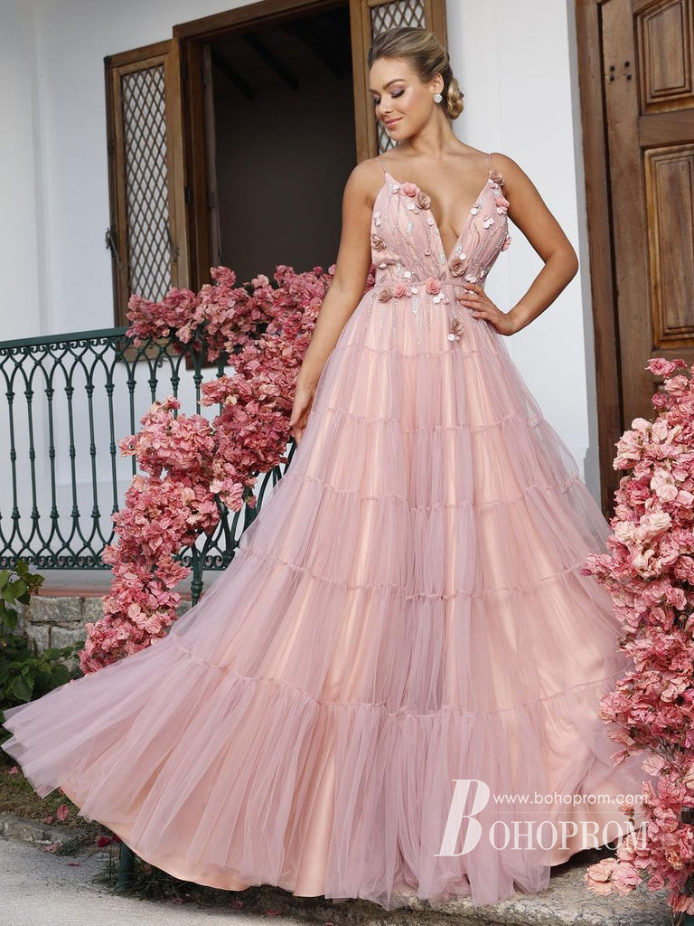 Stunning Backless V-Neck Beaded 3D Appliqued  A-line Evening Dresses Tulle Prom Dress  PD672