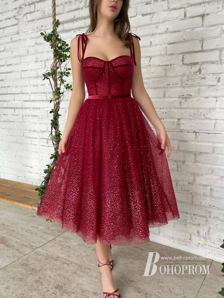 Sparkly Lace A-line Tea-length Prom Dresses Velvet Evening Gowns With Belt PD673