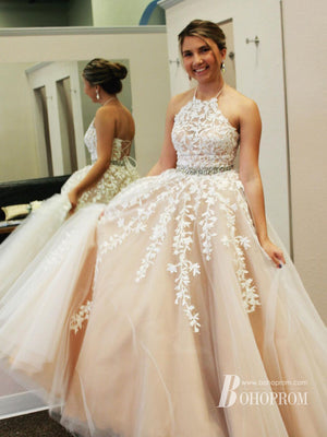 Amazing Tulle Halter A-line Ball Gown Prom Dresses With Appliques & Beadings PD680