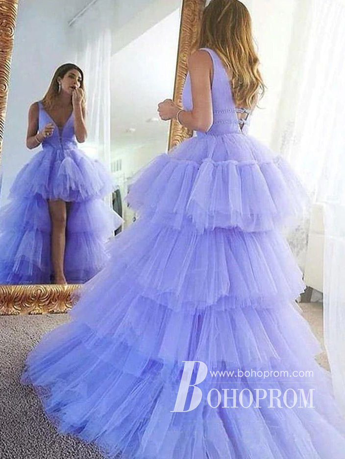 Charming V-neckline High-low Tiered Tulle Beaded A-line Prom Dress PD690