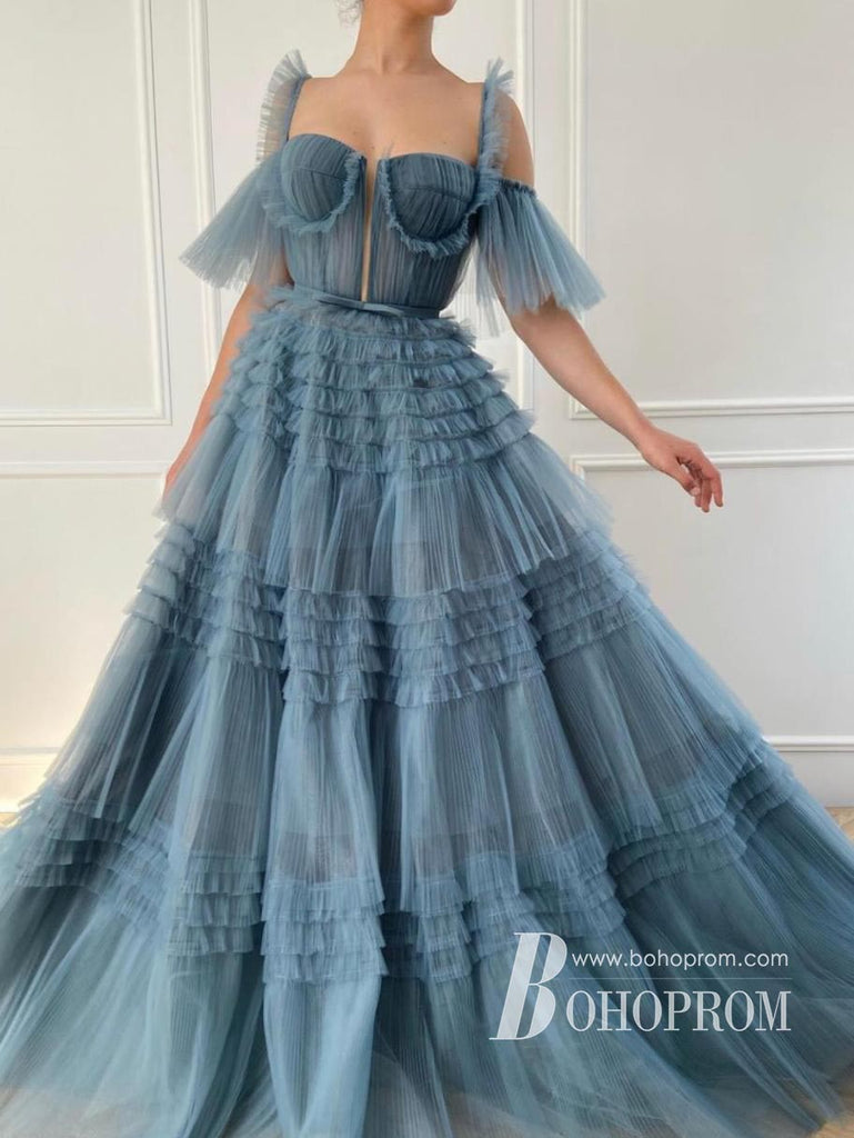 Elegant Tiered Tulle Floor-length Prom Dresses A-line Evening Gowns PD692
