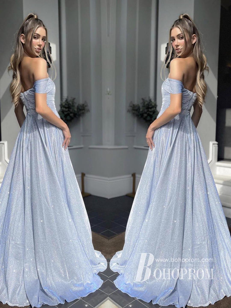 Shining Lace Off-the-shoulder A-line Prom Dresses With Slit Evening Gowns PD696