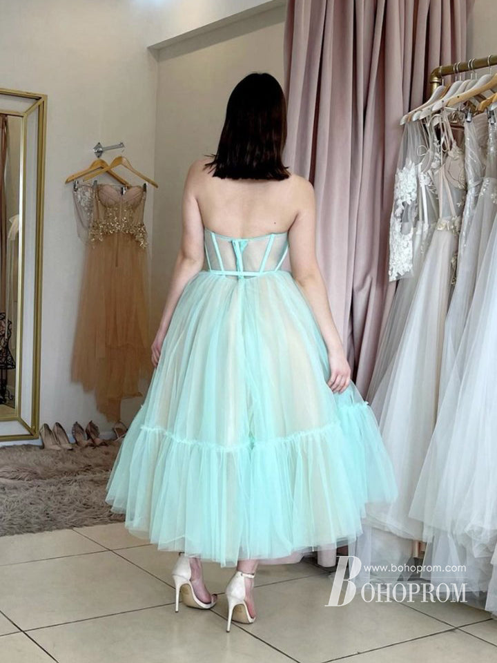 Simple Sweetheart A-line Prom Dresses Tulle Tea-length Evening Gowns PD707