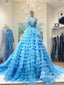 Fashion Halter Deep-V Open Back A-line Ball Gown Tiered Organza Prom Dress PD712