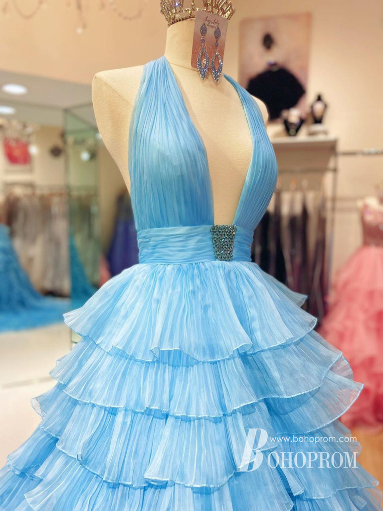 Fashion Halter Deep-V Open Back A-line Ball Gown Tiered Organza Prom Dress PD712