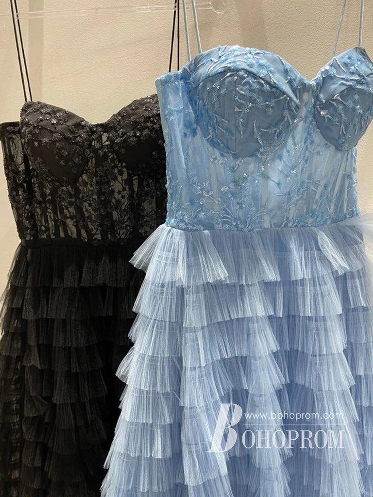 Stunning Tiered Tulle & Lace Sweetheart Neckline A-line Long Prom Dresses With Slit PD717