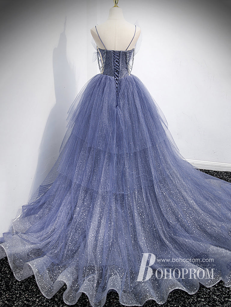 Attractive Sparkly Lace Spaghetti Straps Beaded Tiered Tulle Chapel Train Prom Dresses PD723