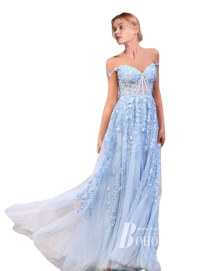 Charming Lace & Tulle Appliqued Rhinestone Prom Dress A-line Sweep Train Evening Dress PD724