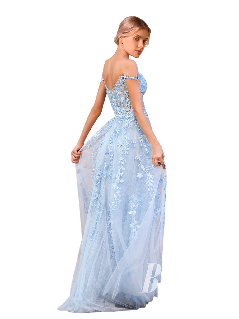 Charming Lace & Tulle Appliqued Rhinestone Prom Dress A-line Sweep Train Evening Dress PD724