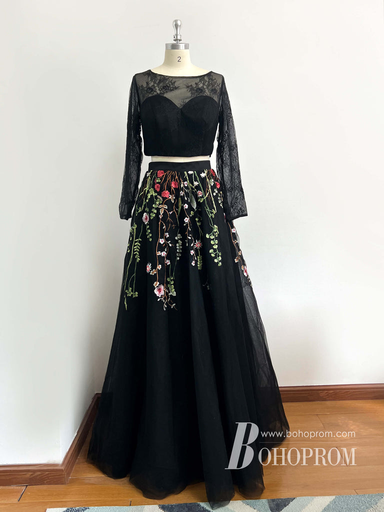Elegant Floral Tulle & Lace Two Pieces Bateau A-line Floor-Length Prom Dresses PD730