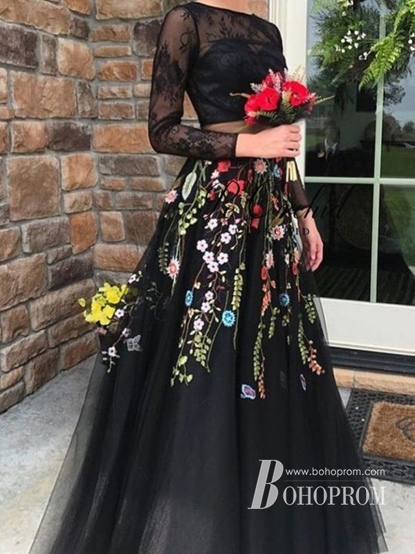 Elegant Floral Tulle & Lace Two Pieces Bateau A-line Floor-Length Prom Dresses PD730