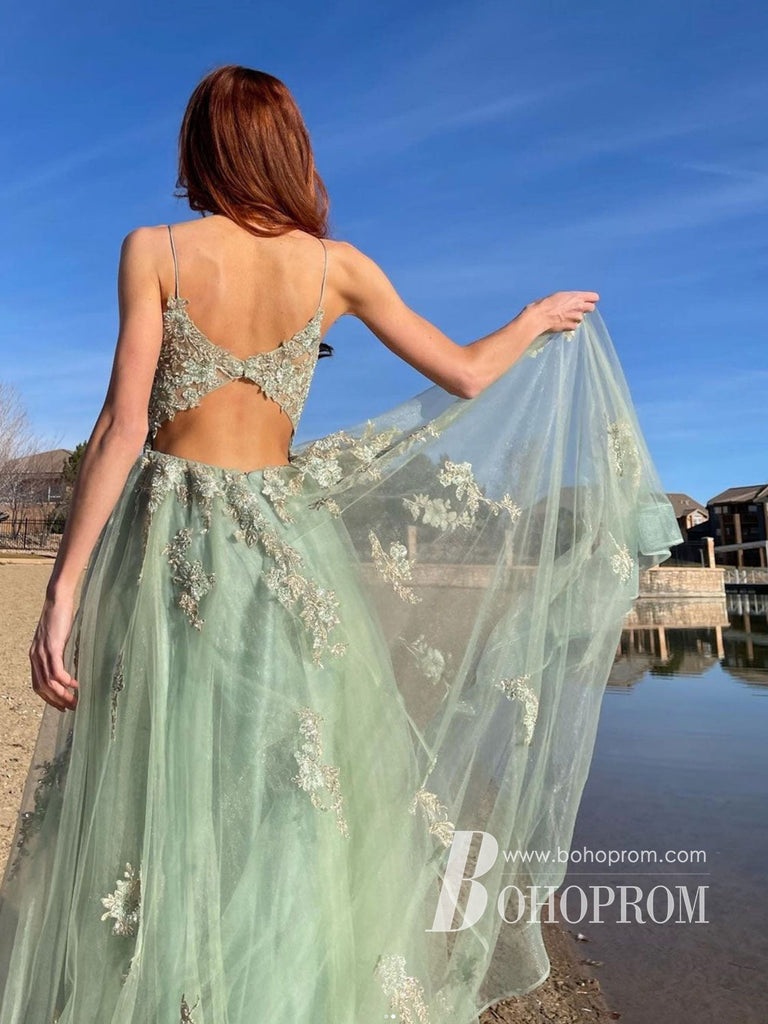 Exquisite Tulle Spaghetti Straps Appliques Floor-length A-line Prom Dresses PD734