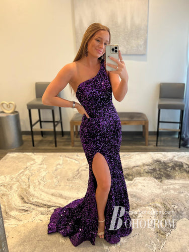 Sparkly Sequin Lace One Shoulder Sweep Train Mermaid Prom Dresses With Slit PD740