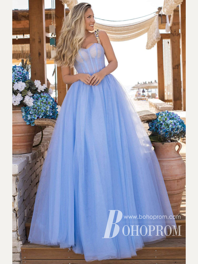 Stunning Tulle Spaghetti Straps Rhine Stones A-line Prom Dresses PD741