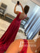 Exquisite Satin & Lace V-neckline Chapel Train A-line Prom Dresses With Slit PD744
