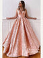 Delicate Jacquard Brocade Satin Spaghetti Straps Sweep Train Prom Dresses PD756