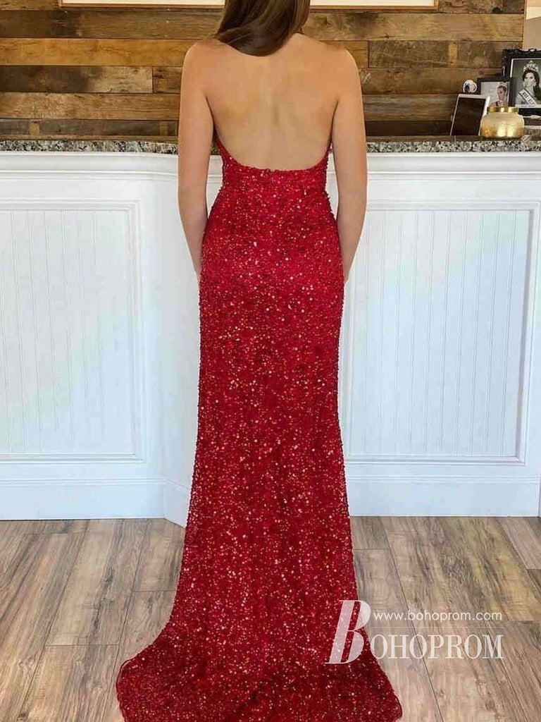 Sexy Sequin Lace Halter Neckline Sheath Backless Prom Dresses With Slit PD763