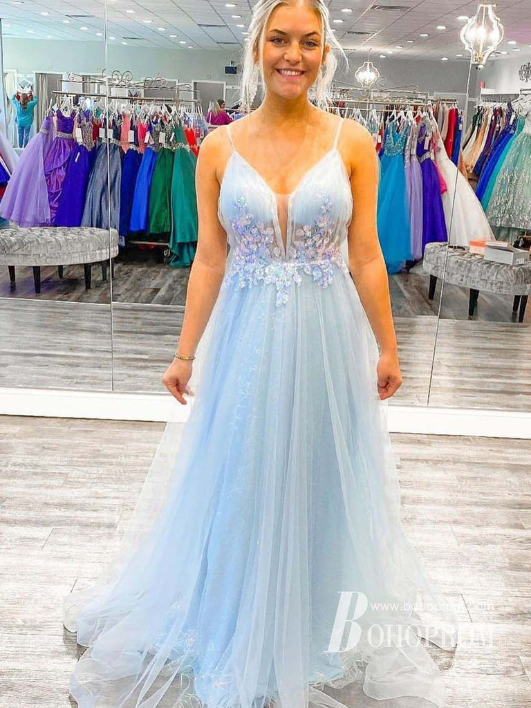 Amazing Spaghetti Straps A-line Prom Desses Tulle Appliqued Evening Dresses PD765