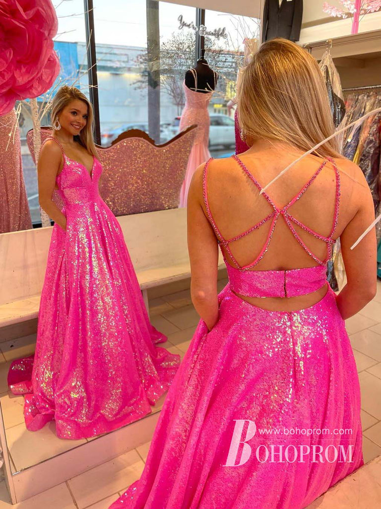 Charming Sequin Lace Spaghetti Straps Long A-line Prom Dresses With Beadings PD766
